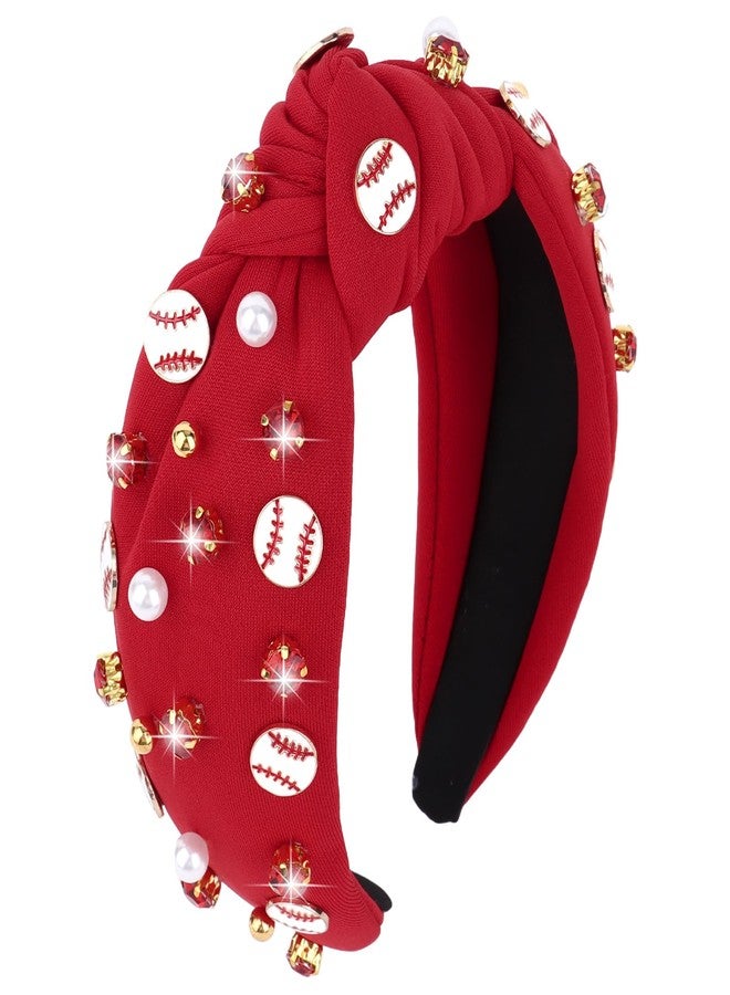 YARIEW Baseball Top Knot Headband for Women & Girls - Wide Knotted Jeweled Accessory for Game Day, Sports Fan, Mom, Halloween & Christmas Gifts (Red) - Image 1